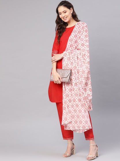 Women Red & Off-White Solid Kurta With Palazzos & Dupatta | LASVINI - Redefining Indian Fashion with Elegance