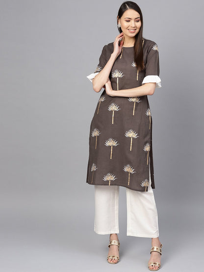 Women Taupe & Off-White Printed Kurta With Palazzos | LASVINI - Redefining Indian Fashion with Elegance