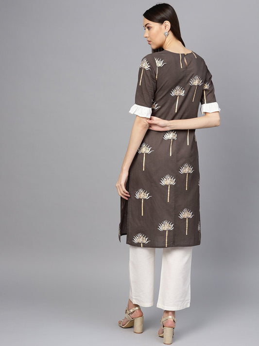 Women Taupe & Off-White Printed Kurta With Palazzos | LASVINI - Redefining Indian Fashion with Elegance