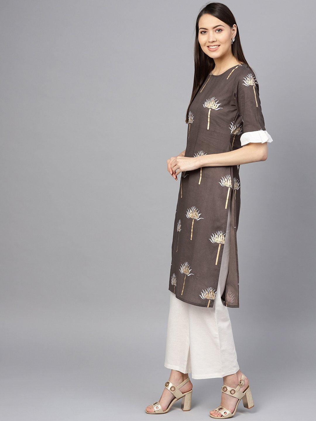 Women Taupe & Off-White Printed Kurta With Palazzos | LASVINI - Redefining Indian Fashion with Elegance
