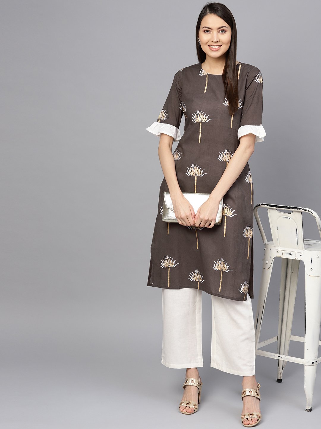 Women Taupe & Off-White Printed Kurta With Palazzos | LASVINI - Redefining Indian Fashion with Elegance
