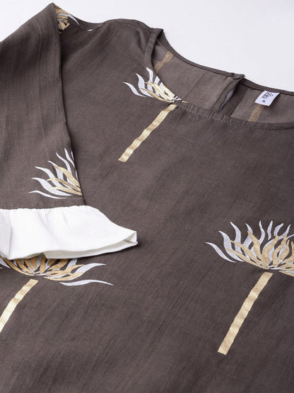 Women Taupe & Off-White Printed Kurta With Palazzos | LASVINI - Redefining Indian Fashion with Elegance