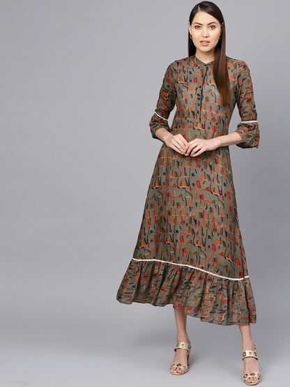 Women Olive Green & Orange Printed Maxi Dress | LASVINI - Redefining Indian Fashion with Elegance