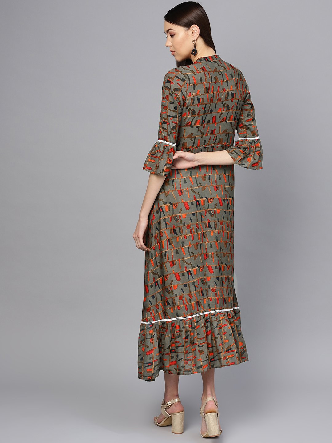 Women Olive Green & Orange Printed Maxi Dress | LASVINI - Redefining Indian Fashion with Elegance