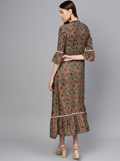 Women Olive Green & Orange Printed Maxi Dress | LASVINI - Redefining Indian Fashion with Elegance
