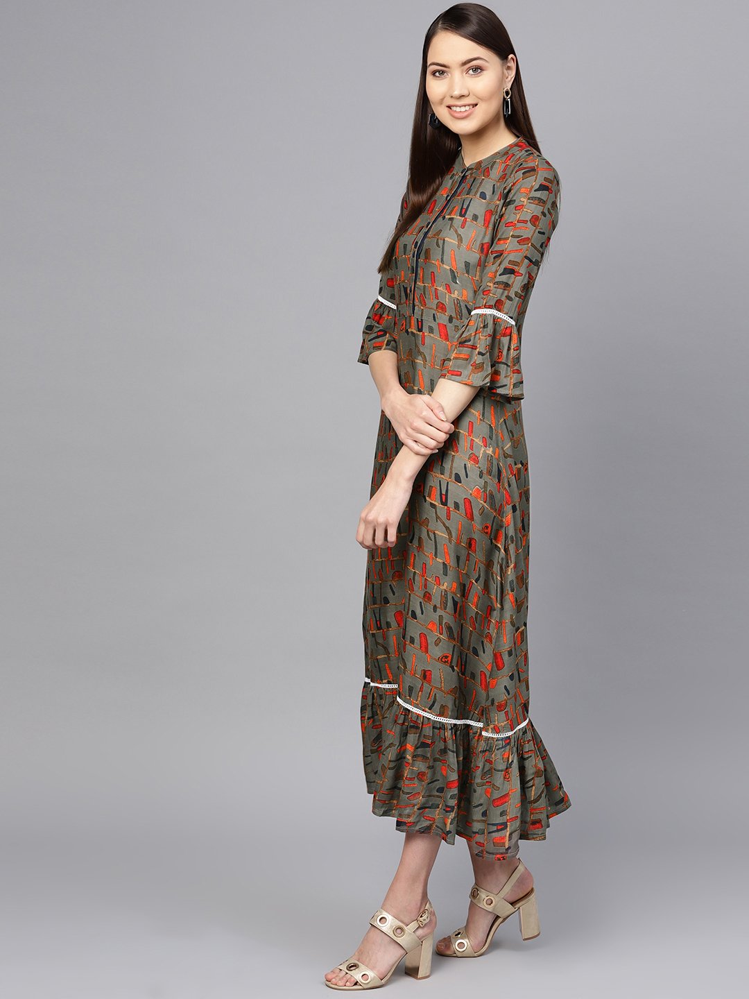 Women Olive Green & Orange Printed Maxi Dress | LASVINI - Redefining Indian Fashion with Elegance