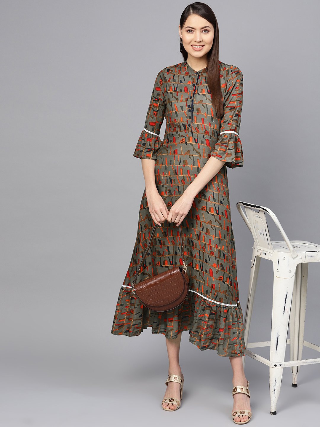 Women Olive Green & Orange Printed Maxi Dress | LASVINI - Redefining Indian Fashion with Elegance