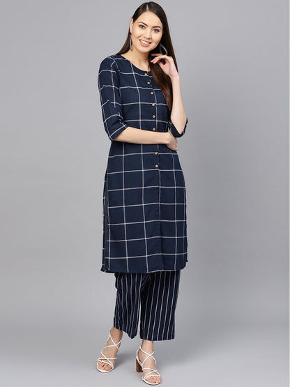 Women Navy Blue & White Checked Kurta With Palazzos | LASVINI - Redefining Indian Fashion with Elegance