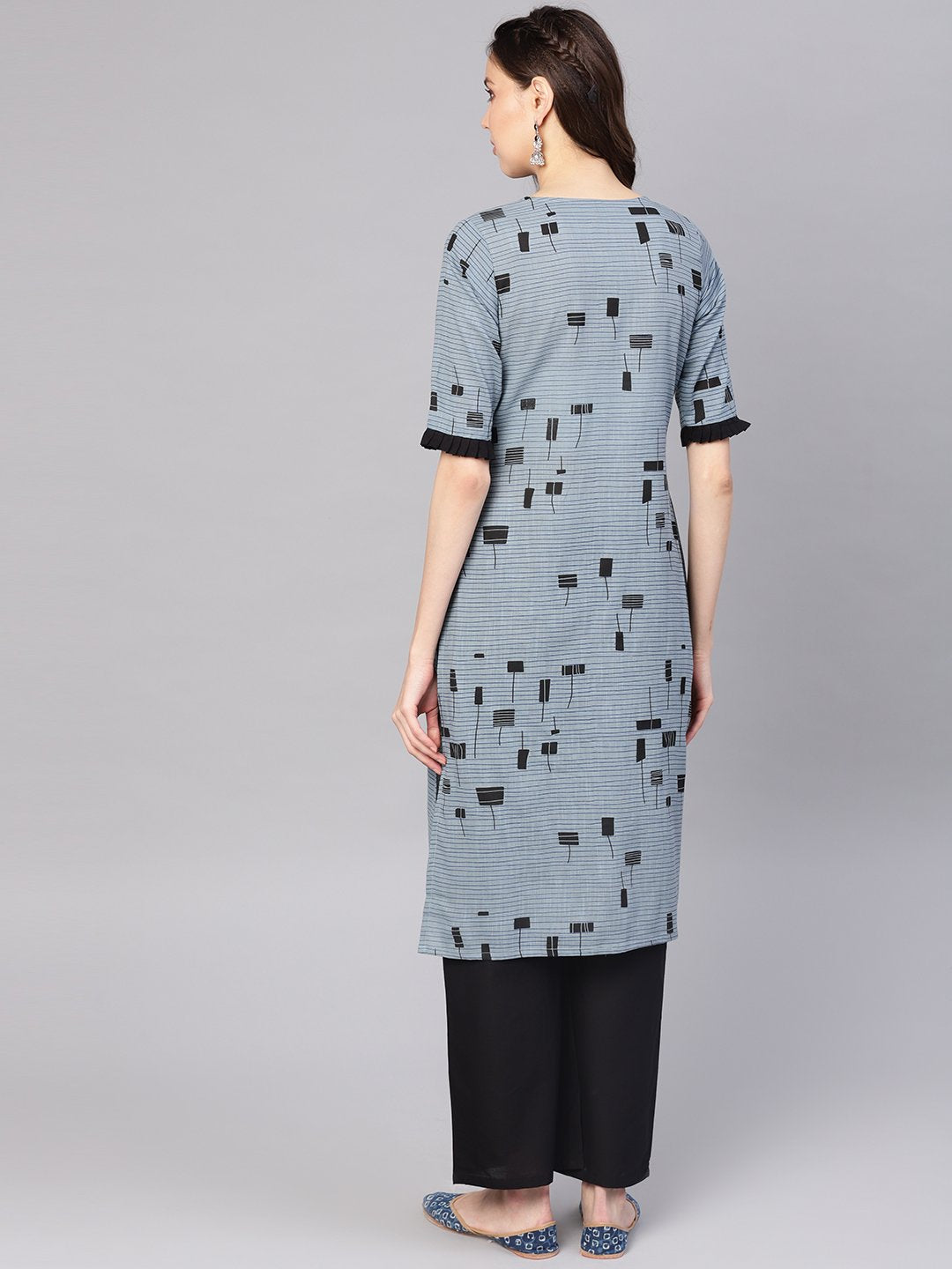 Women Grey & Black Printed Kurta With Palazzos | LASVINI - Redefining Indian Fashion with Elegance