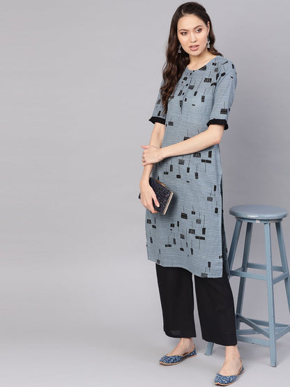 Women Grey & Black Printed Kurta With Palazzos | LASVINI - Redefining Indian Fashion with Elegance