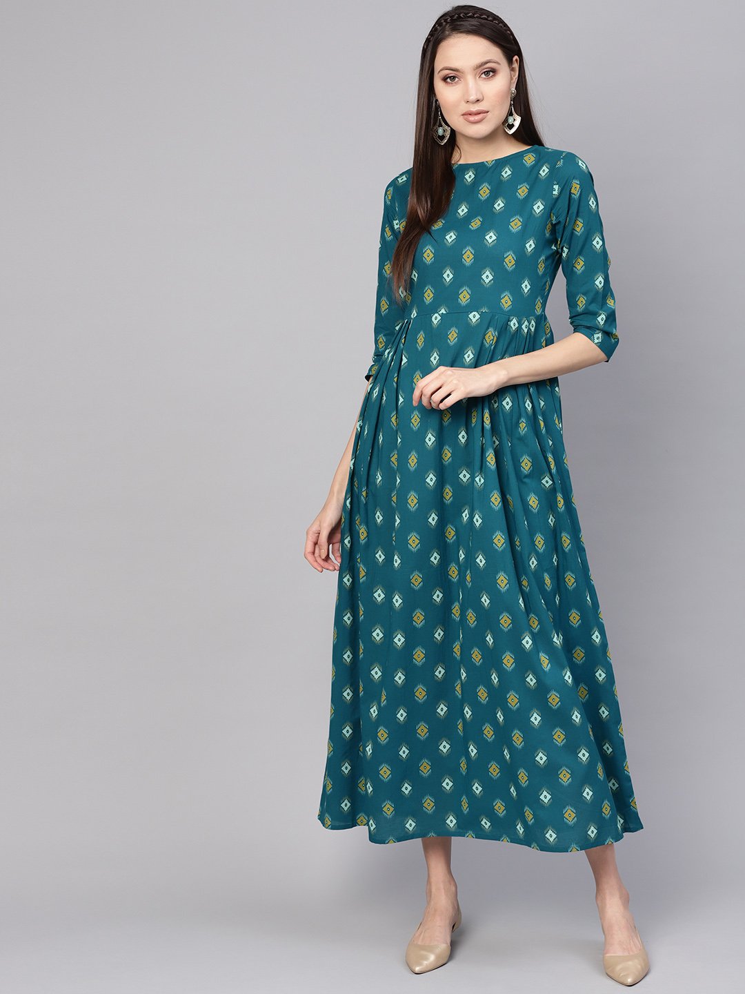 Women Teal Blue & Yellow Printed Maxi Dress | LASVINI - Redefining Indian Fashion with Elegance