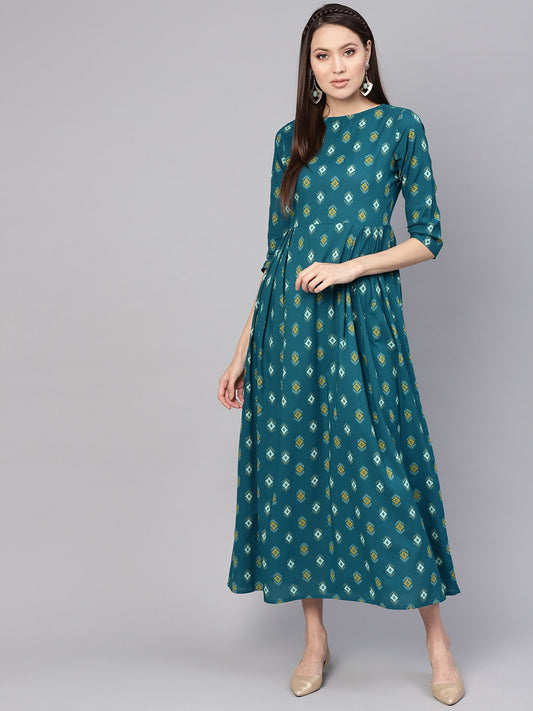 Women Teal Blue & Yellow Printed Maxi Dress | LASVINI - Redefining Indian Fashion with Elegance