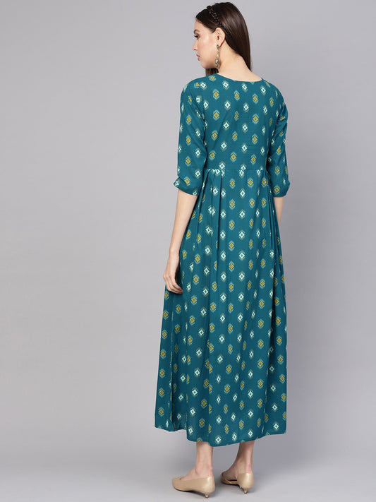 Women Teal Blue & Yellow Printed Maxi Dress | LASVINI - Redefining Indian Fashion with Elegance