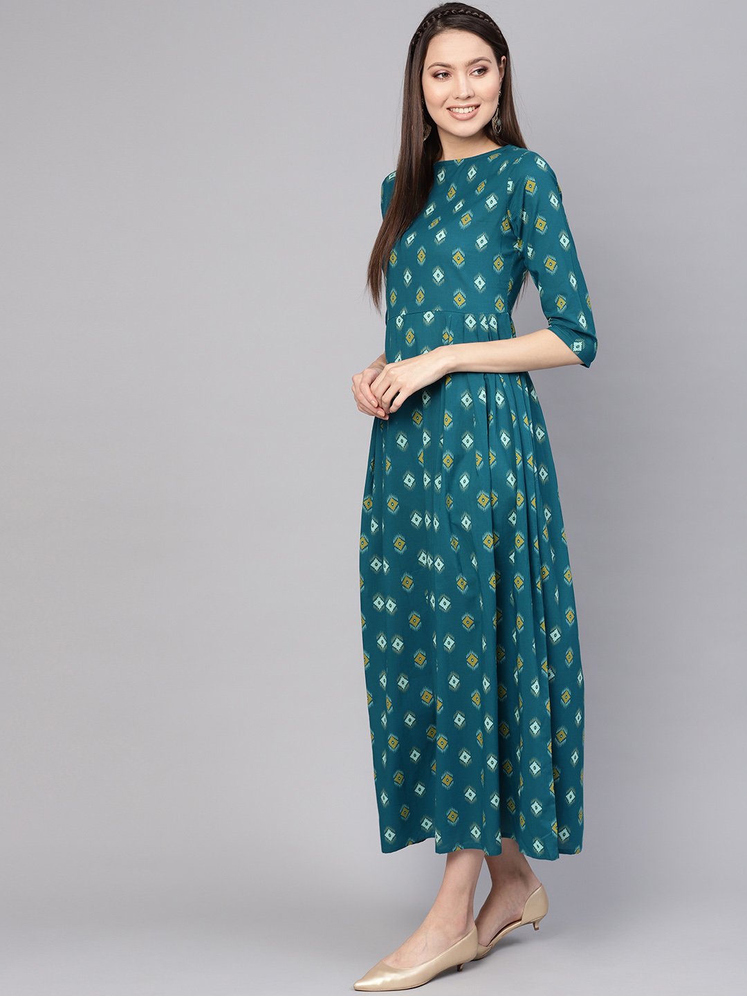 Women Teal Blue & Yellow Printed Maxi Dress | LASVINI - Redefining Indian Fashion with Elegance