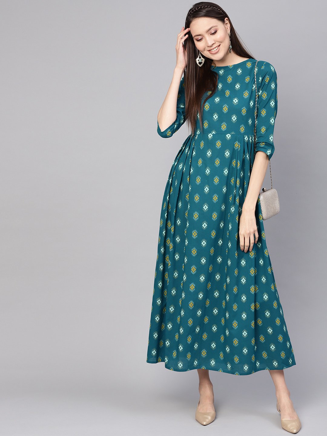 Women Teal Blue & Yellow Printed Maxi Dress | LASVINI - Redefining Indian Fashion with Elegance