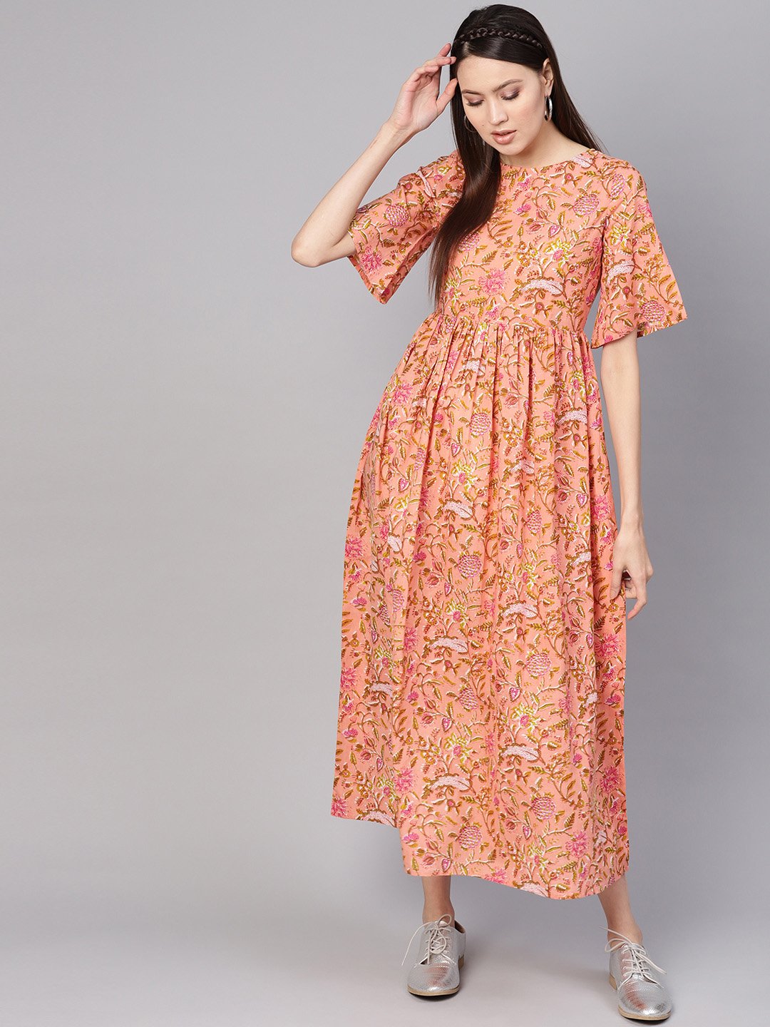 Women Peach-Coloured & Green Printed Maxi Dress | LASVINI - Redefining Indian Fashion with Elegance