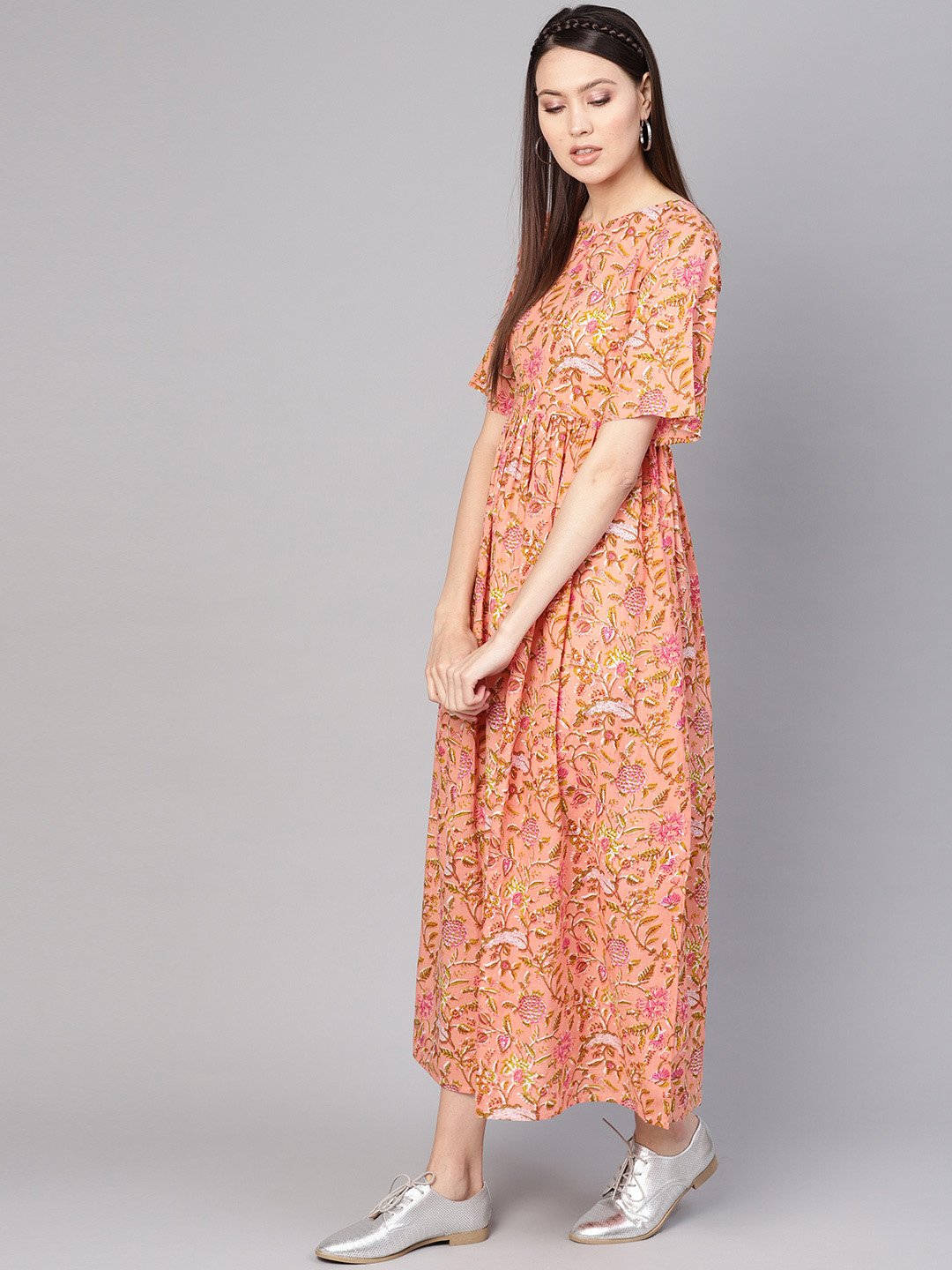 Women Peach-Coloured & Green Printed Maxi Dress | LASVINI - Redefining Indian Fashion with Elegance