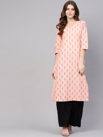 Women Peach-Coloured & Black Ikat Print Straight Kurta | LASVINI - Redefining Indian Fashion with Elegance
