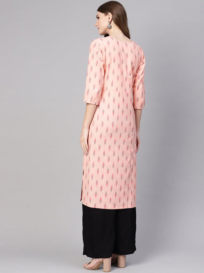 Women Peach-Coloured & Black Ikat Print Straight Kurta | LASVINI - Redefining Indian Fashion with Elegance