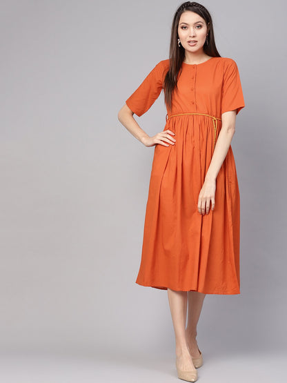 Women Rust Orange Solid A-Line Dress | LASVINI - Redefining Indian Fashion with Elegance