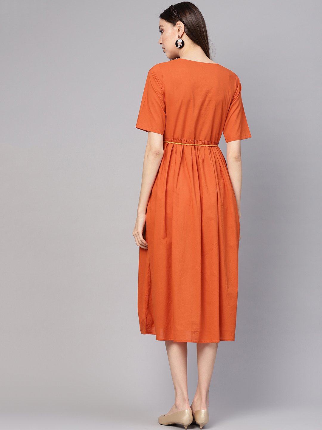 Women Rust Orange Solid A-Line Dress | LASVINI - Redefining Indian Fashion with Elegance