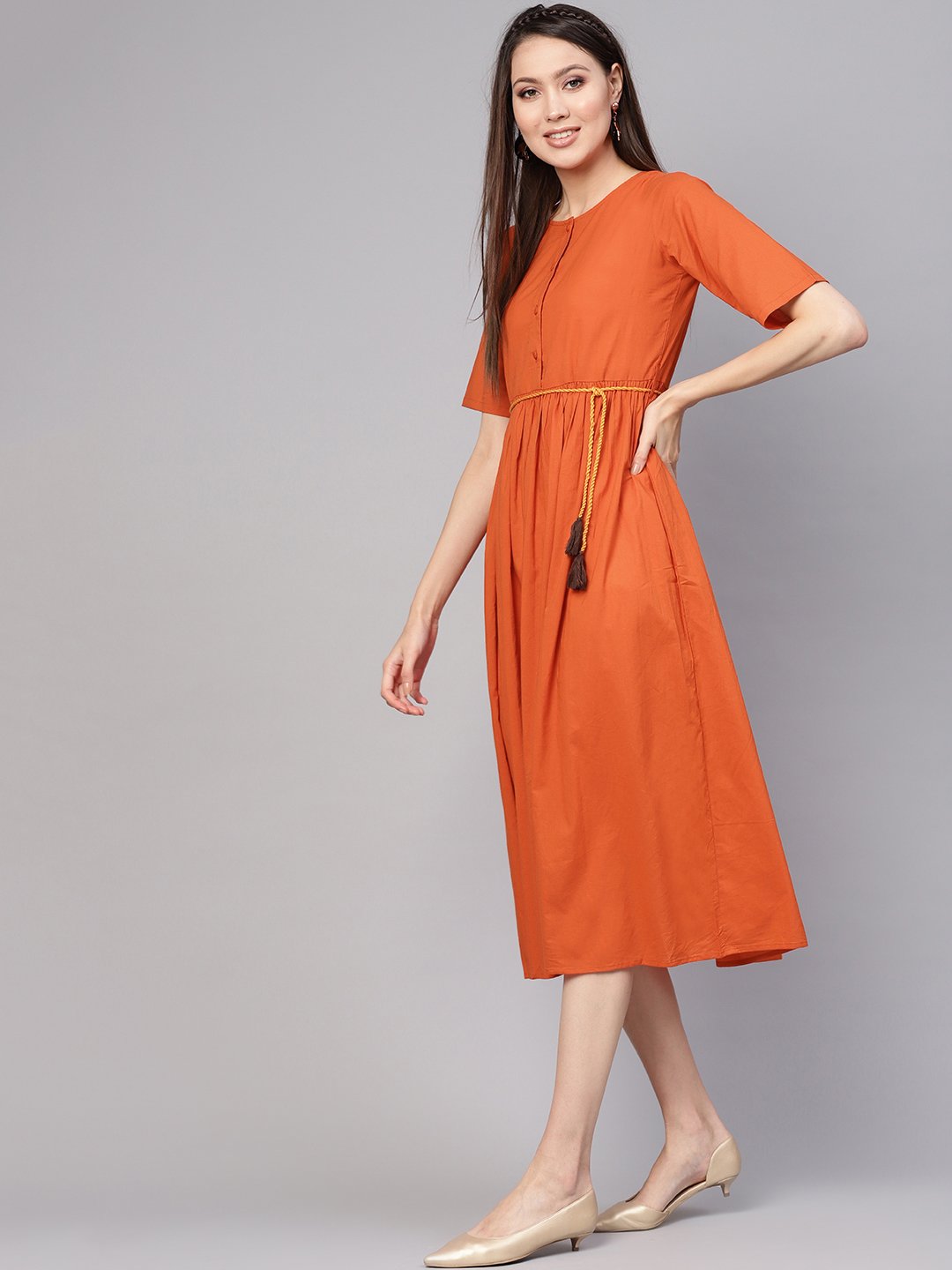 Women Rust Orange Solid A-Line Dress | LASVINI - Redefining Indian Fashion with Elegance