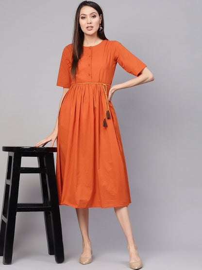 Women Rust Orange Solid A-Line Dress | LASVINI - Redefining Indian Fashion with Elegance