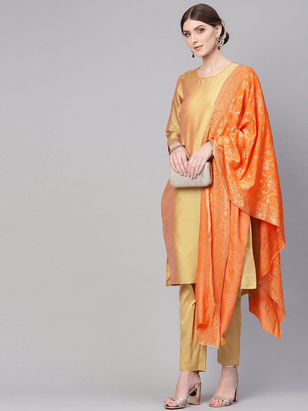 Women Golden & Orange Solid Kurta With Palazzos & Dupatta | LASVINI - Redefining Indian Fashion with Elegance