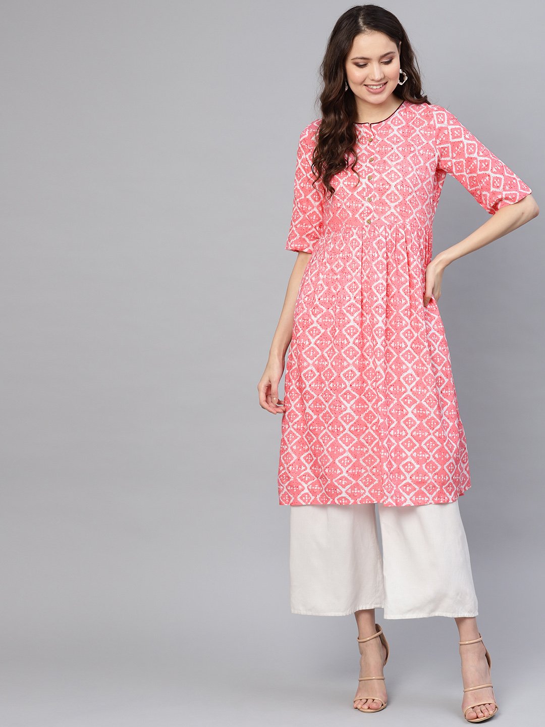 Women Pink & Off-White Printed Straight Kurta | LASVINI - Redefining Indian Fashion with Elegance