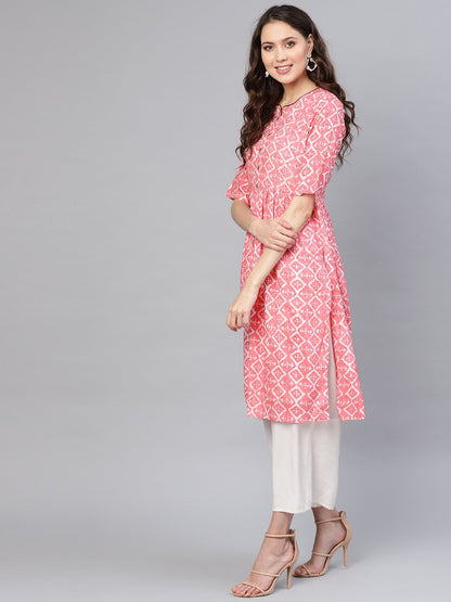 Women Pink & Off-White Printed Straight Kurta | LASVINI - Redefining Indian Fashion with Elegance