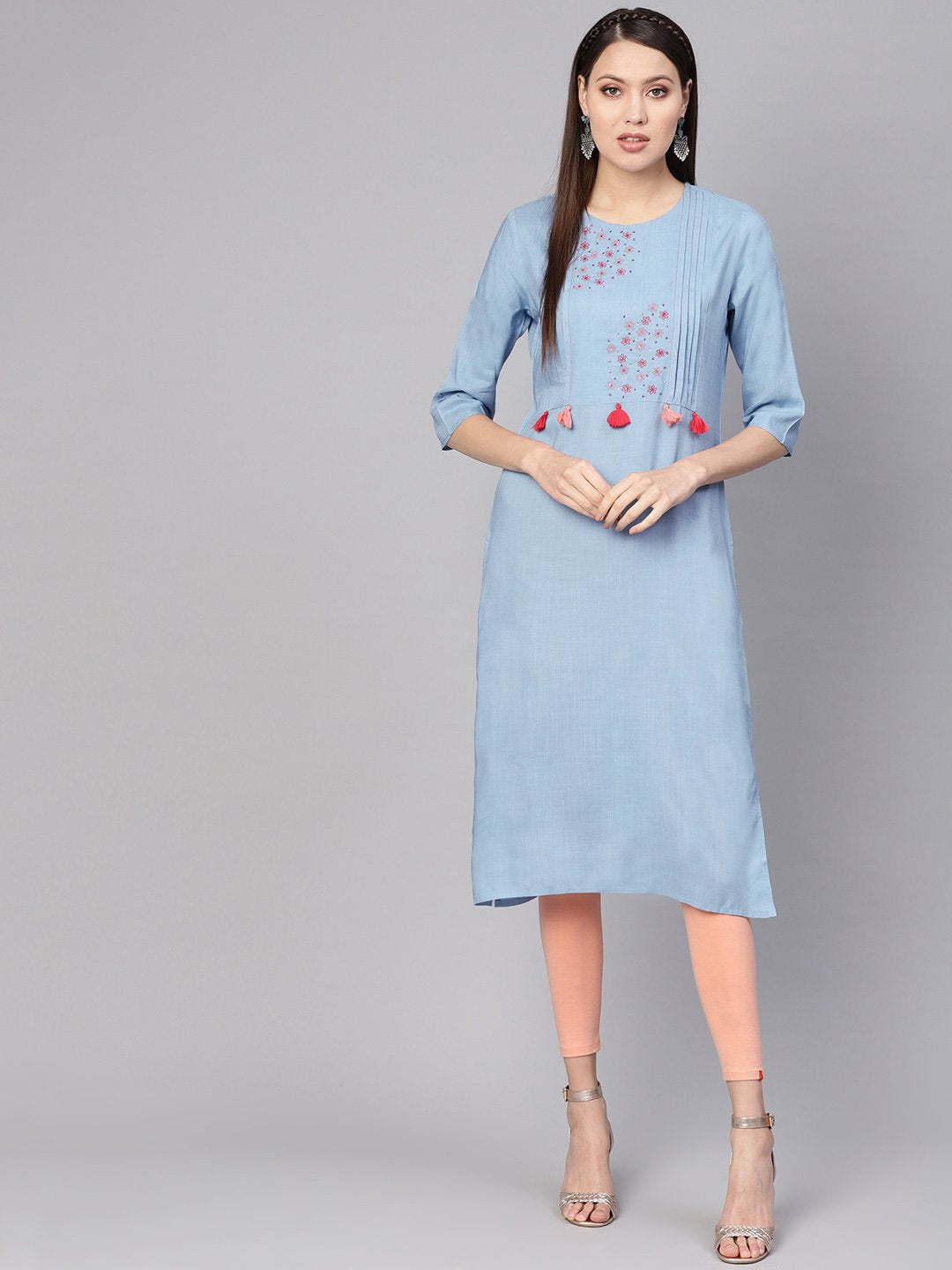 Women Blue Embroidered Detail Straight Kurta | LASVINI - Redefining Indian Fashion with Elegance
