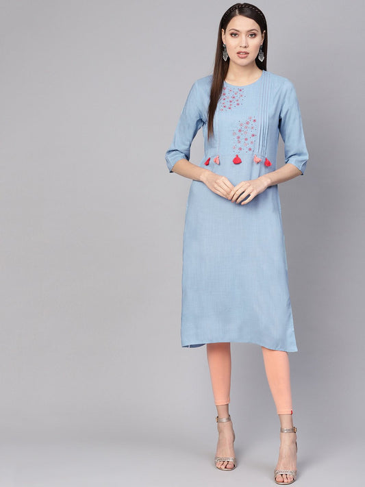 Women Blue Embroidered Detail Straight Kurta | LASVINI - Redefining Indian Fashion with Elegance