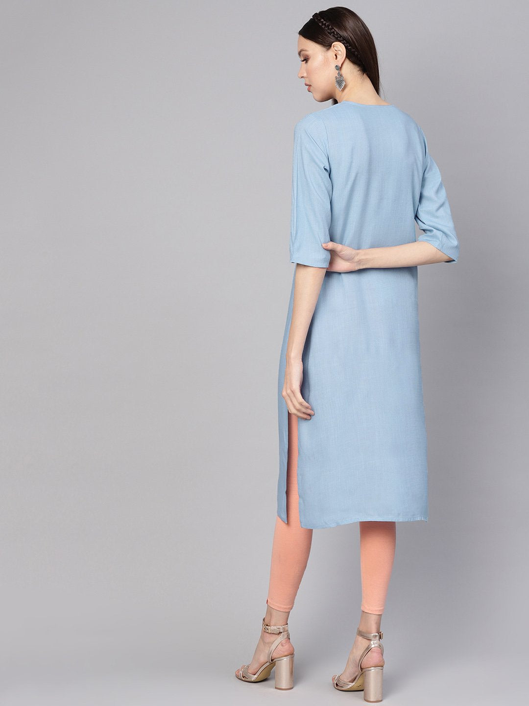 Women Blue Embroidered Detail Straight Kurta | LASVINI - Redefining Indian Fashion with Elegance