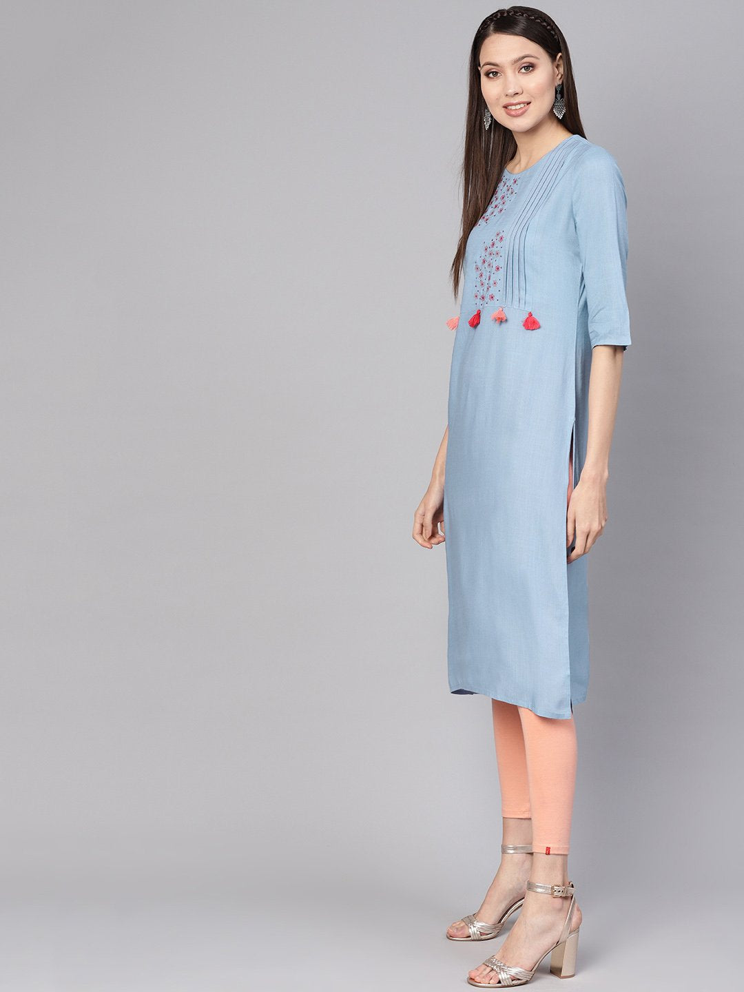 Women Blue Embroidered Detail Straight Kurta | LASVINI - Redefining Indian Fashion with Elegance
