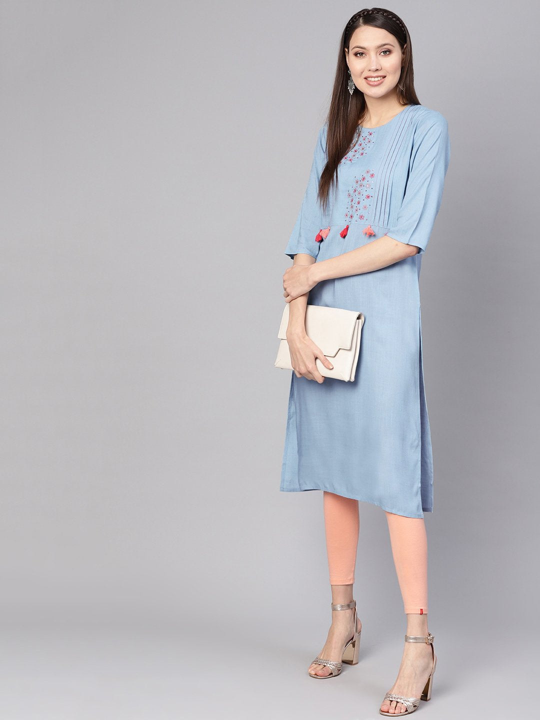 Women Blue Embroidered Detail Straight Kurta | LASVINI - Redefining Indian Fashion with Elegance