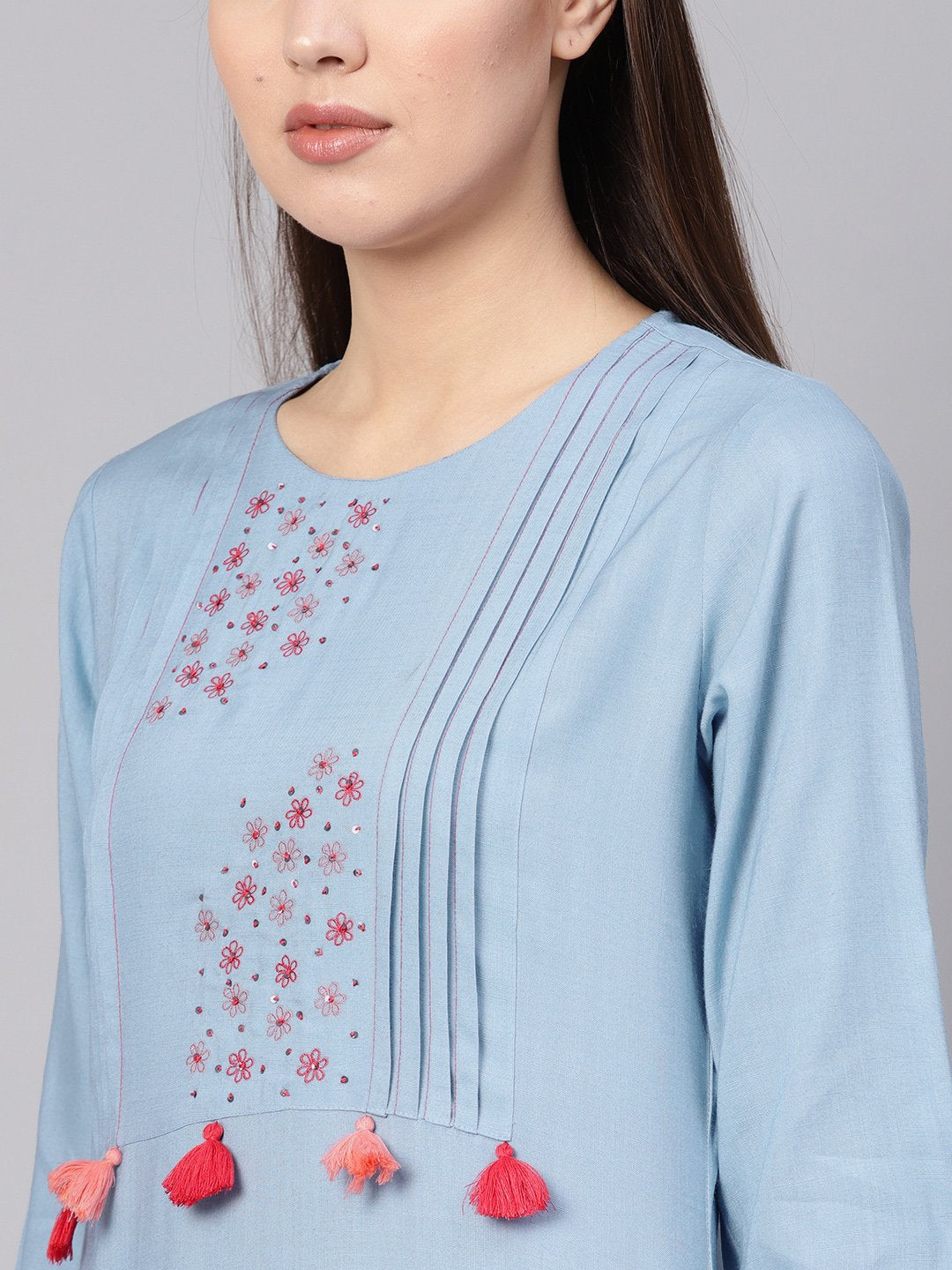 Women Blue Embroidered Detail Straight Kurta | LASVINI - Redefining Indian Fashion with Elegance