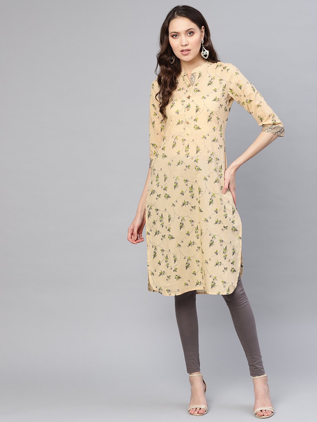 Women Beige & Green Printed Straight Kurta | LASVINI - Redefining Indian Fashion with Elegance