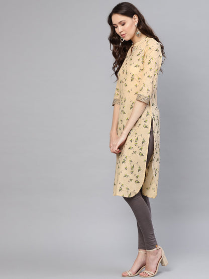 Women Beige & Green Printed Straight Kurta | LASVINI - Redefining Indian Fashion with Elegance