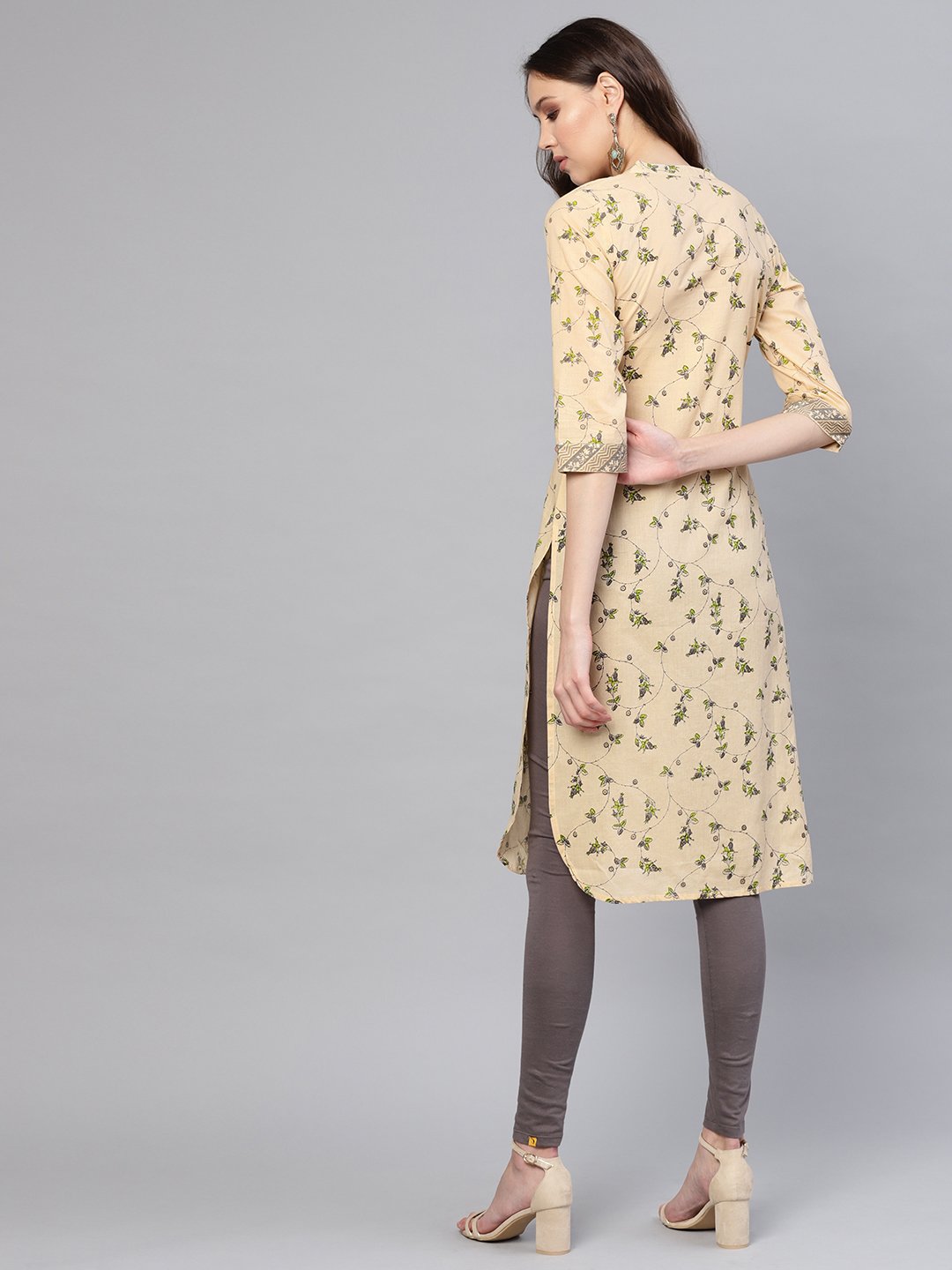 Women Beige & Green Printed Straight Kurta | LASVINI - Redefining Indian Fashion with Elegance