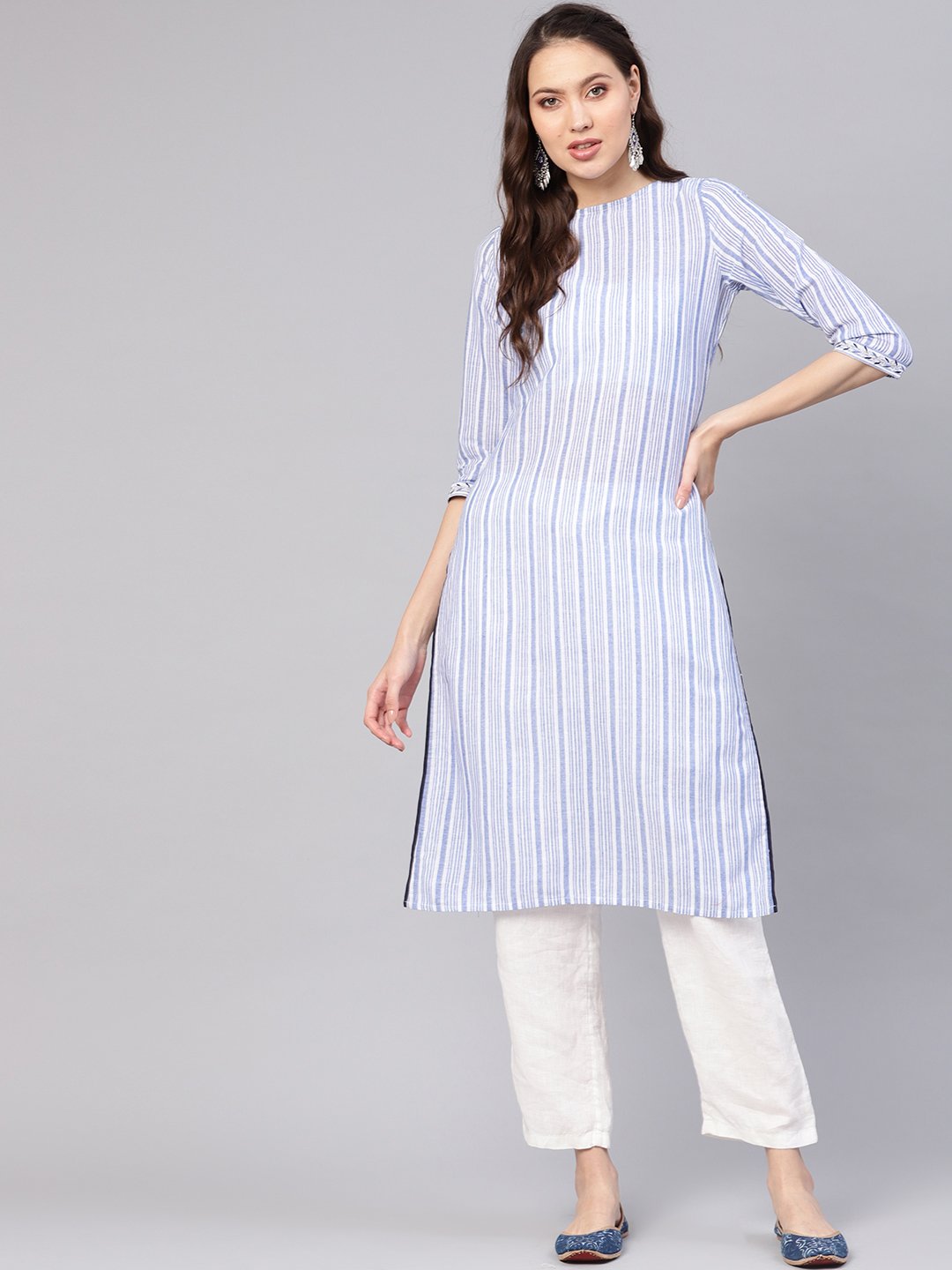 Women Blue & White Striped Straight Kurta | LASVINI - Redefining Indian Fashion with Elegance