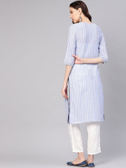 Women Blue & White Striped Straight Kurta | LASVINI - Redefining Indian Fashion with Elegance