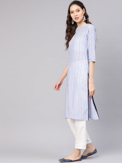 Women Blue & White Striped Straight Kurta | LASVINI - Redefining Indian Fashion with Elegance