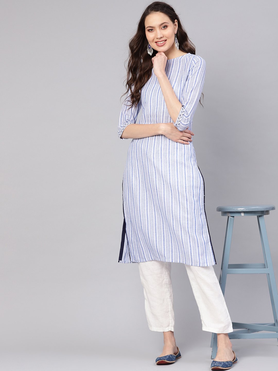 Women Blue & White Striped Straight Kurta | LASVINI - Redefining Indian Fashion with Elegance