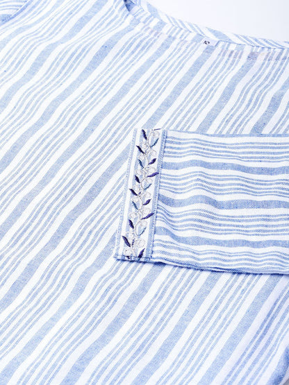 Women Blue & White Striped Straight Kurta | LASVINI - Redefining Indian Fashion with Elegance