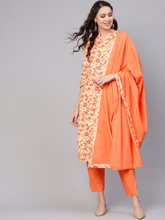Women Cream-Coloured & Peach-Coloured Printed Kurta With Palazzos & Dupatta | LASVINI - Redefining Indian Fashion with Elegance