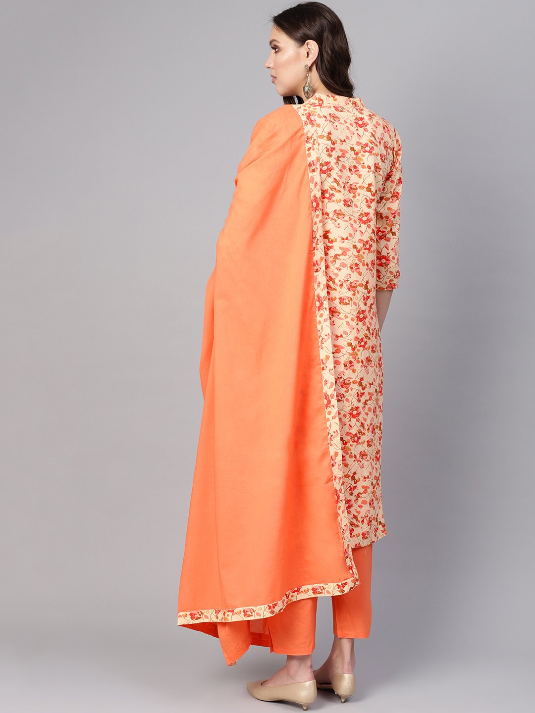 Women Cream-Coloured & Peach-Coloured Printed Kurta With Palazzos & Dupatta | LASVINI - Redefining Indian Fashion with Elegance