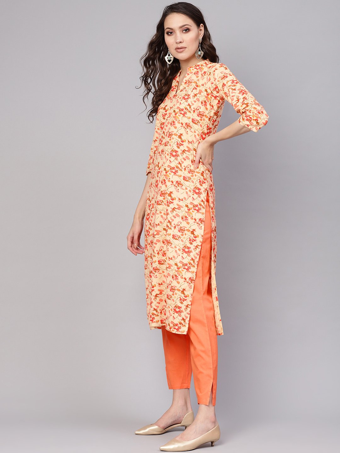 Women Cream-Coloured & Peach-Coloured Printed Kurta With Palazzos & Dupatta | LASVINI - Redefining Indian Fashion with Elegance