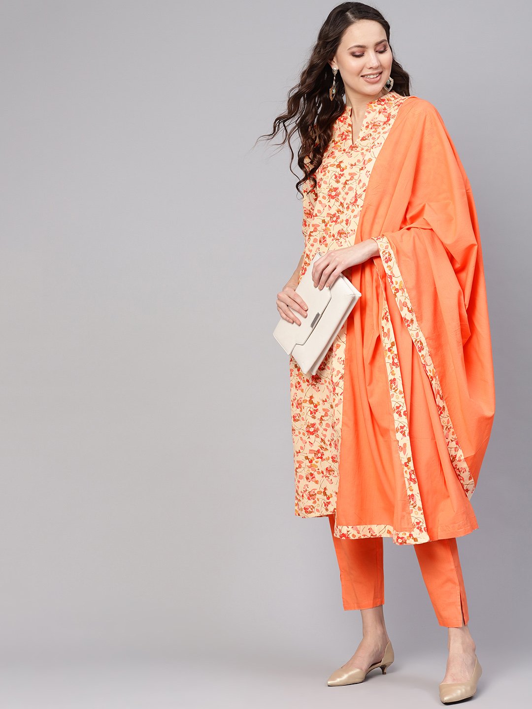 Women Cream-Coloured & Peach-Coloured Printed Kurta With Palazzos & Dupatta | LASVINI - Redefining Indian Fashion with Elegance