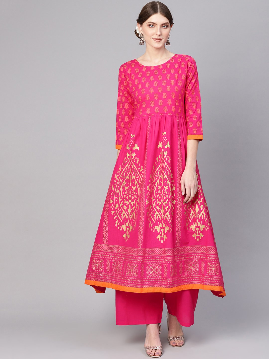 Women Pink & Golden Block Print Kurta With Palazzos & Ethnic Jacket | LASVINI - Redefining Indian Fashion with Elegance