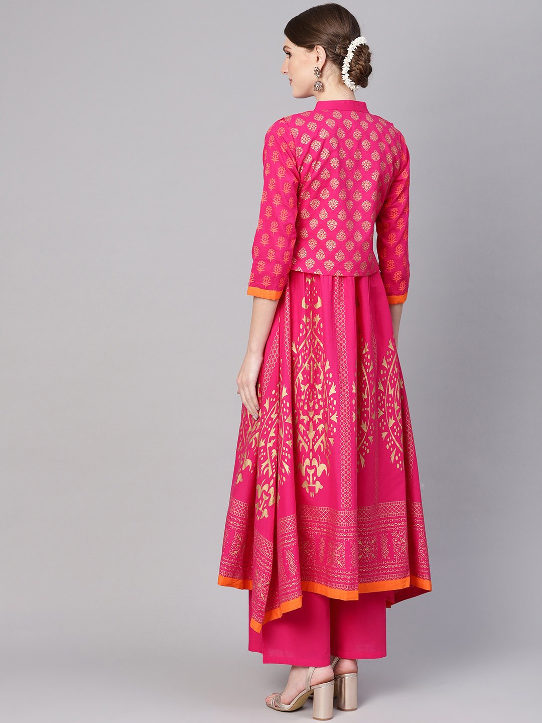 Women Pink & Golden Block Print Kurta With Palazzos & Ethnic Jacket | LASVINI - Redefining Indian Fashion with Elegance